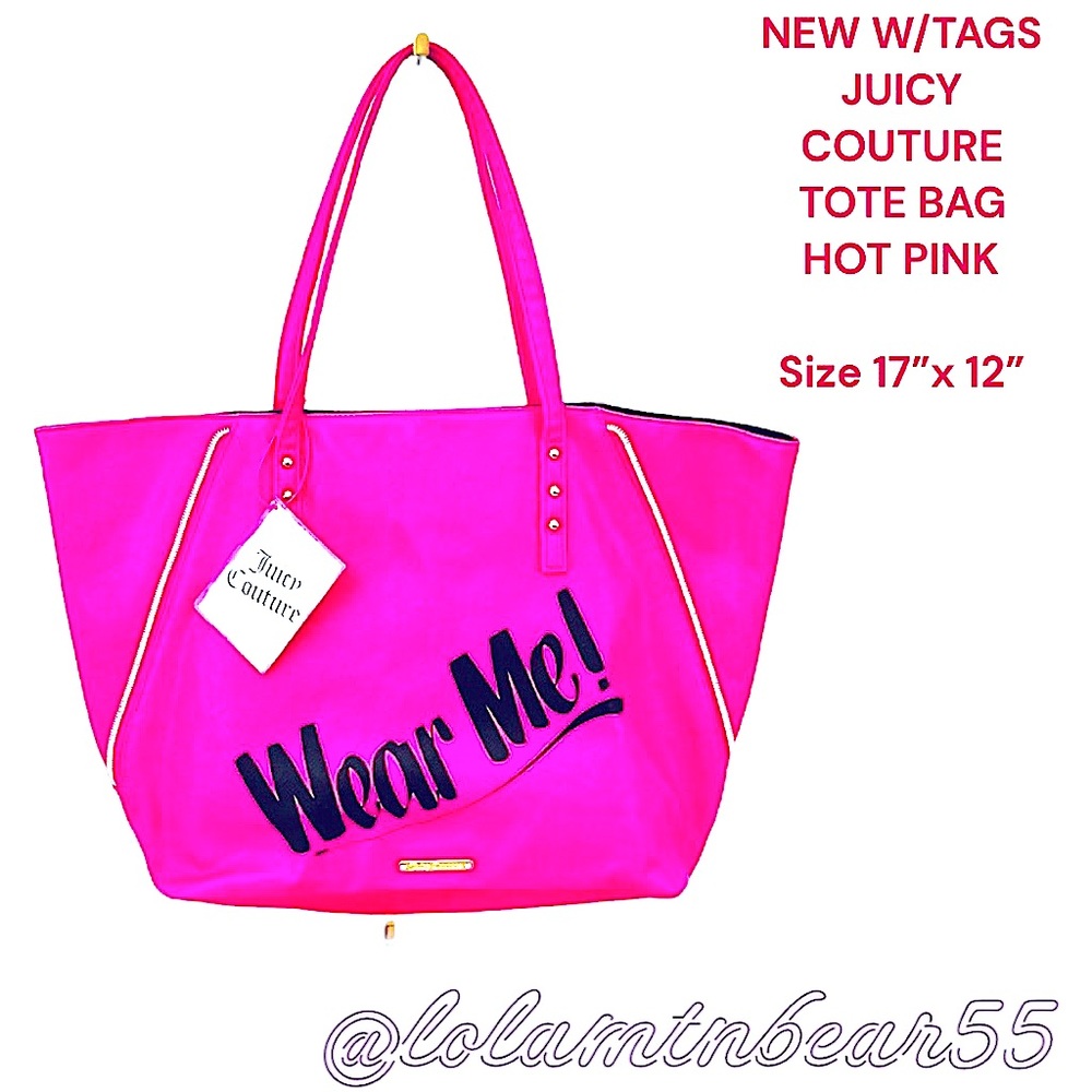 NEW W/TAGS JUICY COUTURE LARGE TOTE BAG WITH FRONT ZIPPER DECOR, FUN PINK PRINT